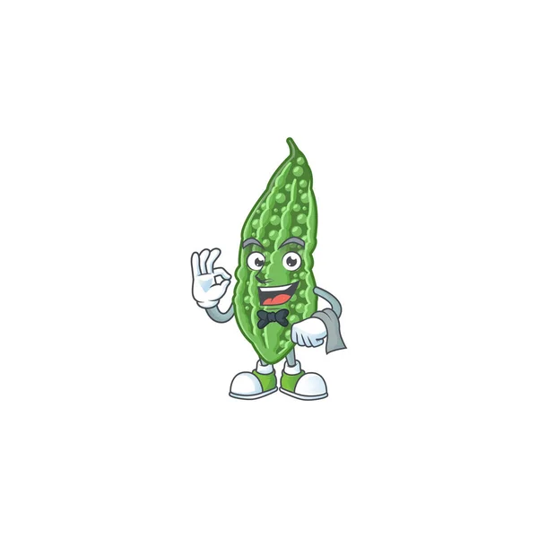 Personaje de dibujos animados de melón amargo como un aspecto de camarero — Vector de stock