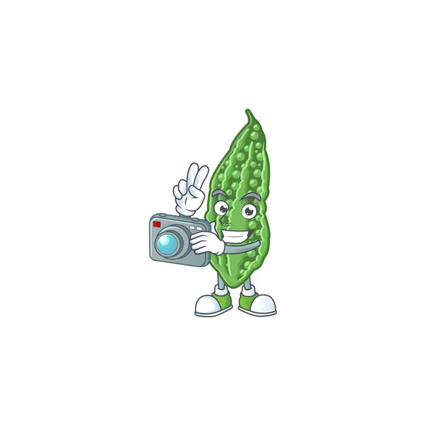 Smart Photographer bitter melon cartoon mascot with a camera — 스톡 벡터