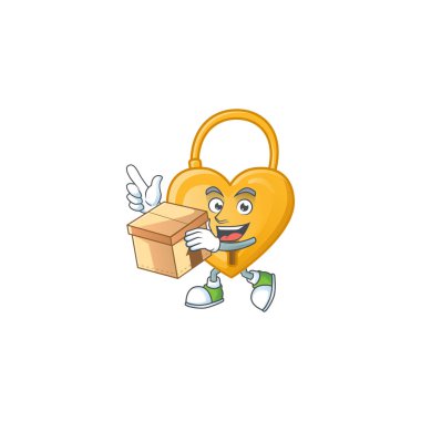 Sevimli asma kilit çizgi film karakteri tarzı bir kutu tutuyor.