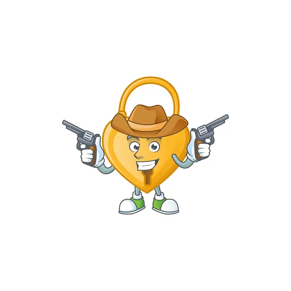 Smiling love padlock mascot icon as a Cowboy holding guns — 스톡 벡터