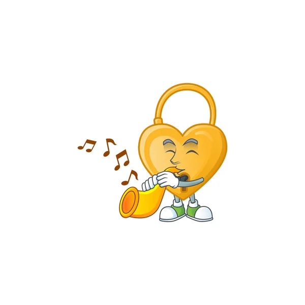 Cheerful love padlock cartoon character performance with trumpet — 스톡 벡터