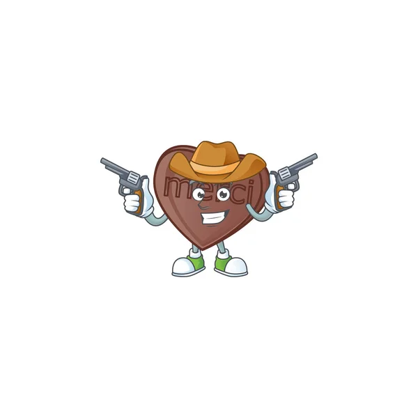 Sorridente un morso amore cioccolato icona della mascotte come un Cowboy in possesso di pistole — Vettoriale Stock