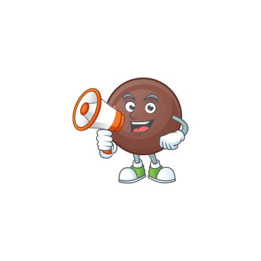 Elinde megafon tutan havalı bir çikolata topu karakteri.