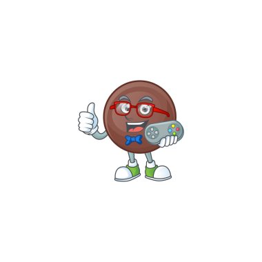 Gülen oyuncu çikolata topu maskot stili.