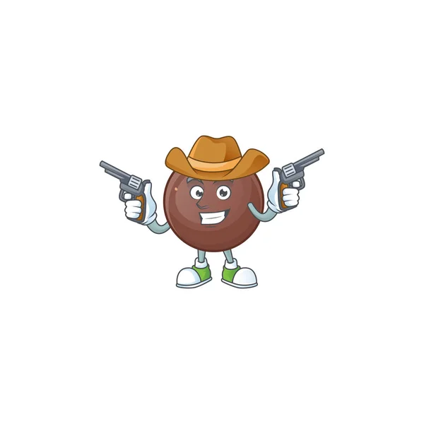 Уверенный шоколадный шар Ковбой мультяшный персонаж с оружием — стоковый вектор