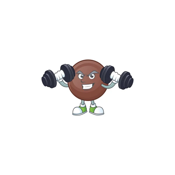 Fitness-Übung Schokoladenball Maskottchen Symbol mit Hanteln — Stockvektor
