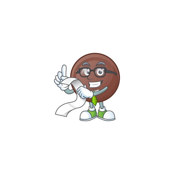 Um personagem engraçado dos desenhos animados de bola de chocolate com um menu — Vetor de Stock