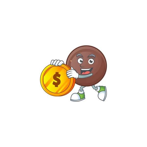 Rich chocolate bola mascote desenho animado estilo com moeda de ouro — Vetor de Stock