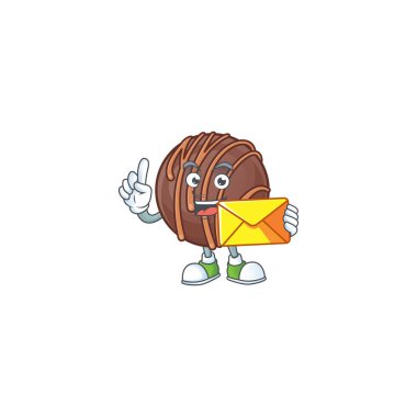 Neşeli çikolatalı pralin topu maskotu tasarımı zarflı.