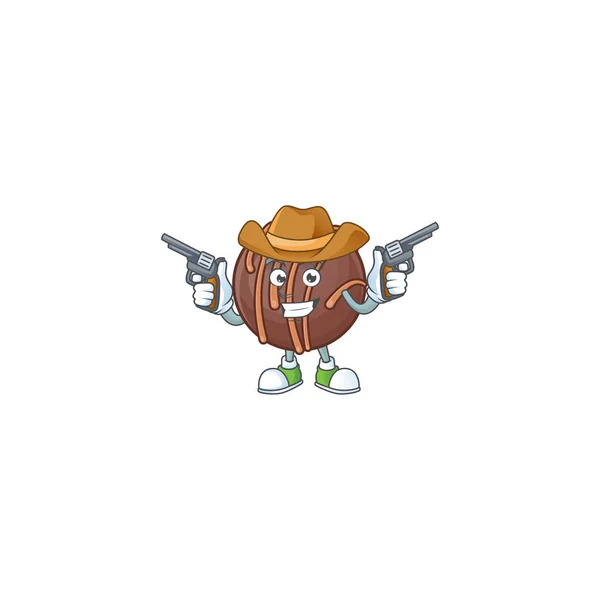 Bola praliné de chocolate confiable personaje de dibujos animados Cowboy sosteniendo armas — Vector de stock