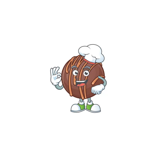 Personagem de desenho animado bola praline chocolate vestindo traje de chef e chapéu branco — Vetor de Stock