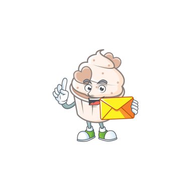 Neşeli beyaz kremalı aşk keki maskot tasarımı zarflı