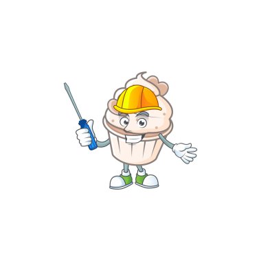 Karikatür karakteri tarzında havalı bir beyaz kremalı kek.