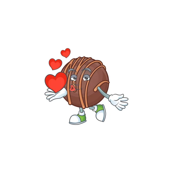 Cara divertida de chocolate personaje de dibujos animados bola praliné sosteniendo un corazón — Archivo Imágenes Vectoriales