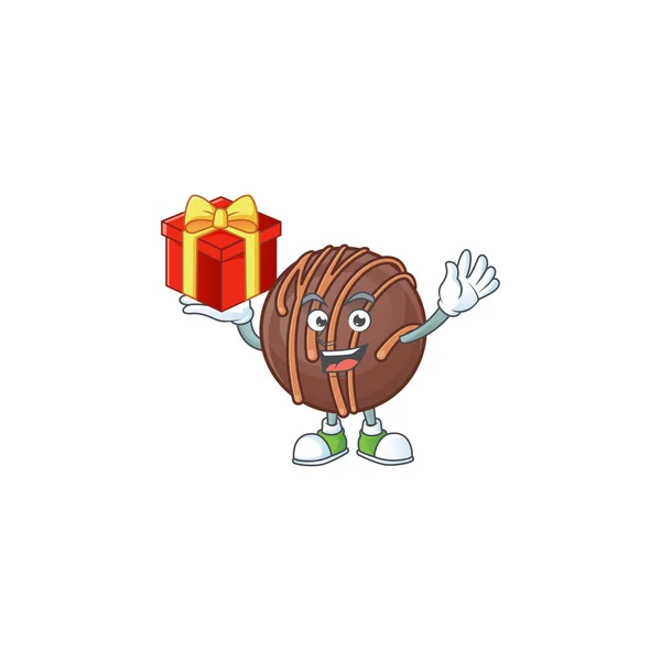 Happy face chocolade praline bal cartoon karakter met een doos van cadeau — Stockvector