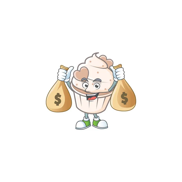 A picture of rich white cream love cupcake cartoon character with two money bags — 스톡 벡터