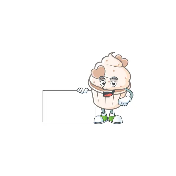 Cheerful white cream love cupcake cartoon character having a board — 스톡 벡터