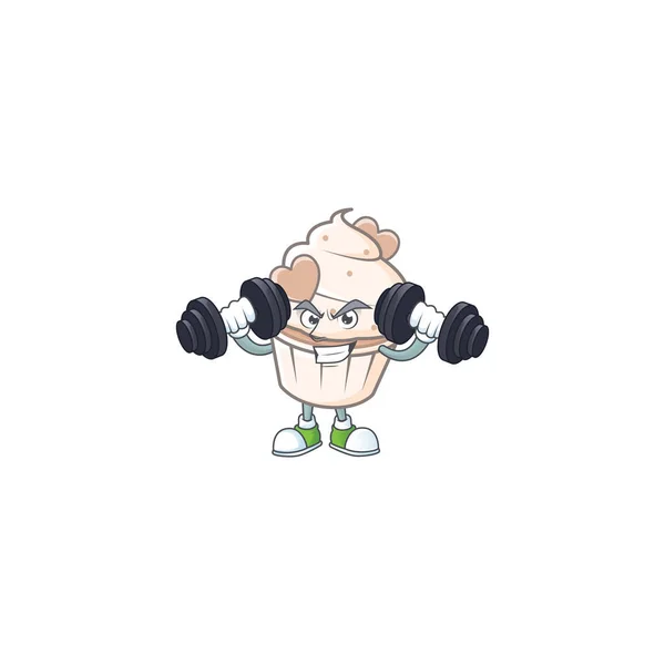 Fitness exercise white cream love cupcake mascot icon with barbells — 스톡 벡터