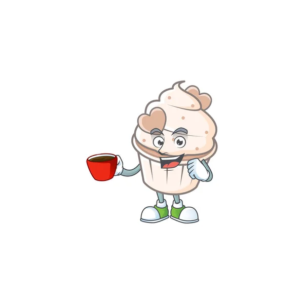 Cartoon character of white cream love cupcake with a cup of coffee — 스톡 벡터