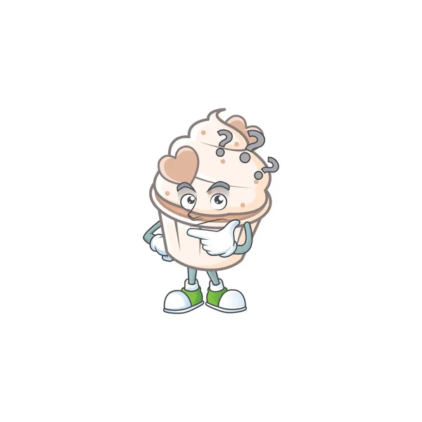 Crema blanca amor cupcake dibujos animados estilo mascota con gesto confuso — Archivo Imágenes Vectoriales