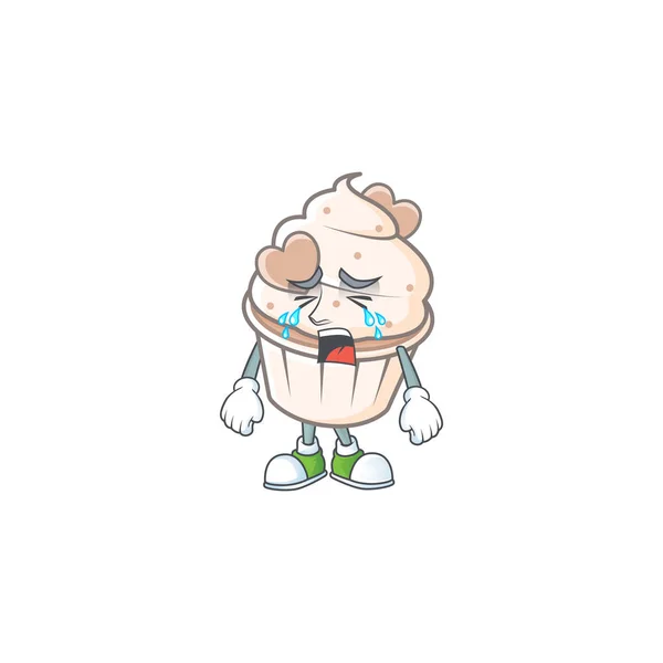 Sad of white cream love cupcake cartoon mascot style — 스톡 벡터