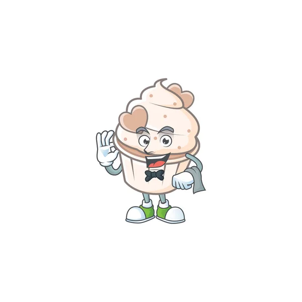 Amigável branco creme amor cupcake Personagem stand como um personagem de garçom — Vetor de Stock