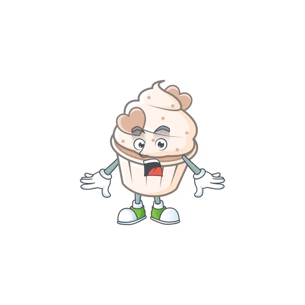 Creme branco amor cupcake desenho animado personagem em um gesto surpreso — Vetor de Stock