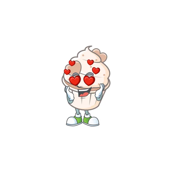 Verlieben niedlich weiße Creme Liebe Cupcake Zeichentrickfigur Design — Stockvektor