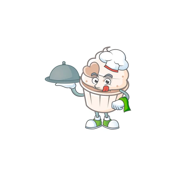 Desenho animado de creme branco amor cupcake como um Chef ter comida na bandeja — Vetor de Stock