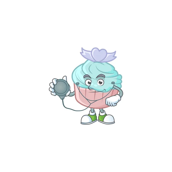 Baunilha azul amor cupcake desenho animado personagem estilo em um traje médico com ferramentas — Vetor de Stock