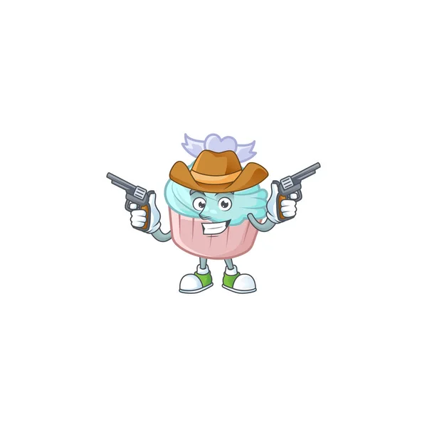 Confident vanilla blue love cupcake Cowboy cartoon character holding guns — Stock Vector