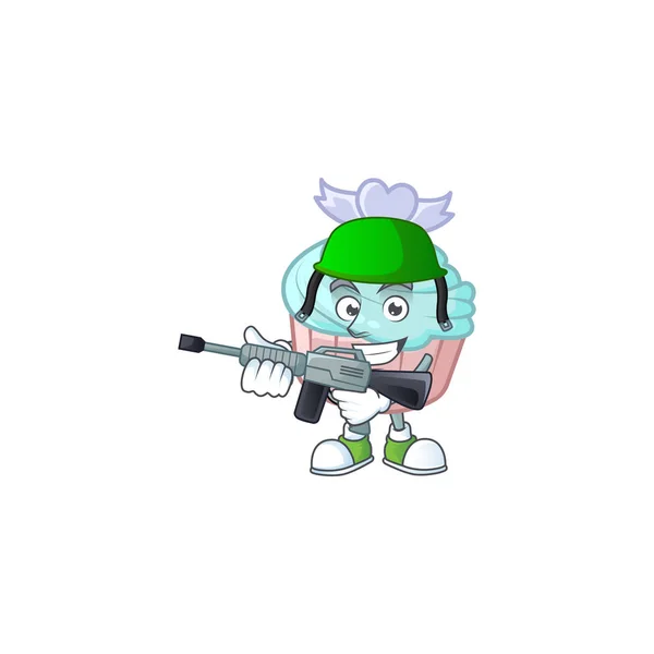 Personaje de cartón de cupcake de amor azul vainilla en un uniforme del ejército con ametralladora — Vector de stock