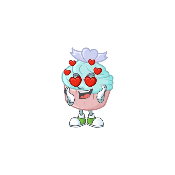 Ερωτεύεται χαριτωμένο βανίλια μπλε αγάπη cupcake σχεδιασμό χαρακτήρα κινουμένων σχεδίων — Διανυσματικό Αρχείο