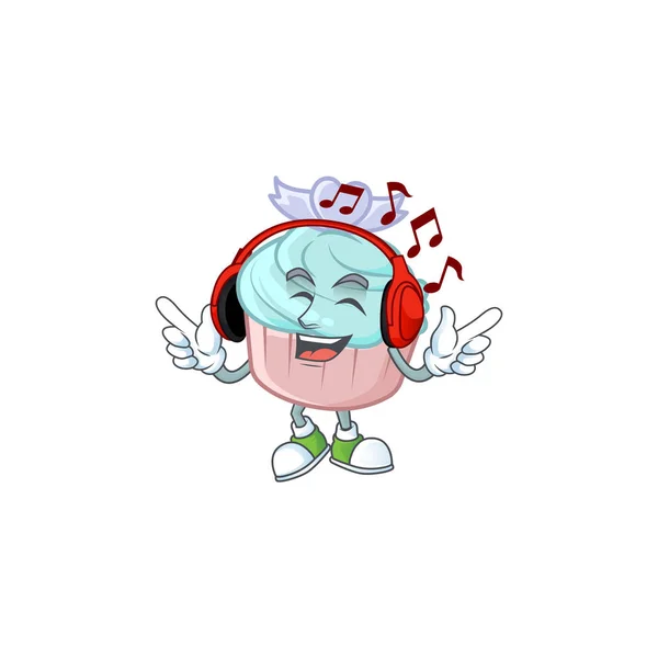 Ouvindo música baunilha azul amor cupcake mascote desenho animado personagem — Vetor de Stock