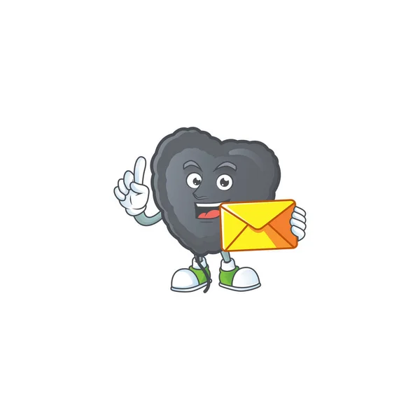 Conception joyeuse de mascotte de ballon d'amour noir avec enveloppe — Image vectorielle