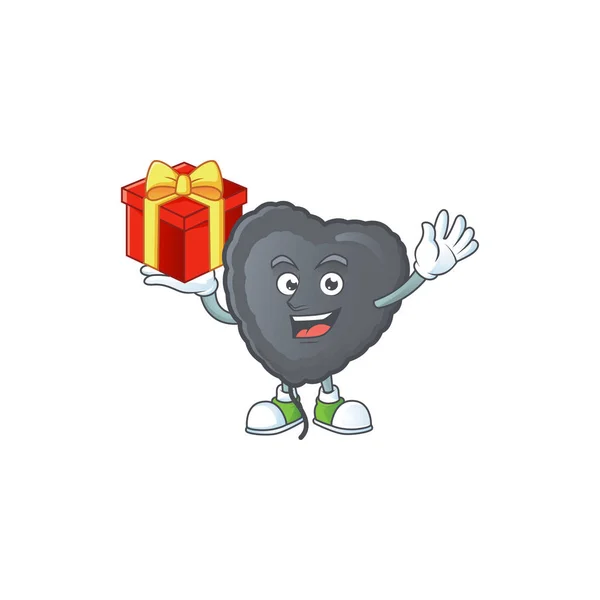 Cara feliz amor negro personaje de dibujos animados globo tener una caja de regalo — Vector de stock