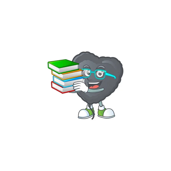 Δροσερή και έξυπνη Φοιτητής μαύρο αγάπη μπαλόνι μασκότ κινουμένων σχεδίων με βιβλίο — Διανυσματικό Αρχείο