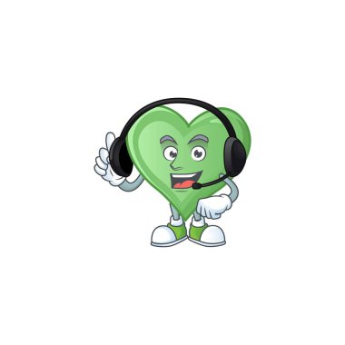 Gülen yeşil aşk çizgi film karakteri tasarımı kulaklık takıyor