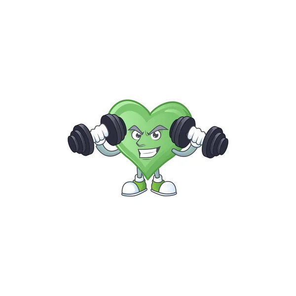 Fitness exercise green love mascot icon with barbells — Stock Vector