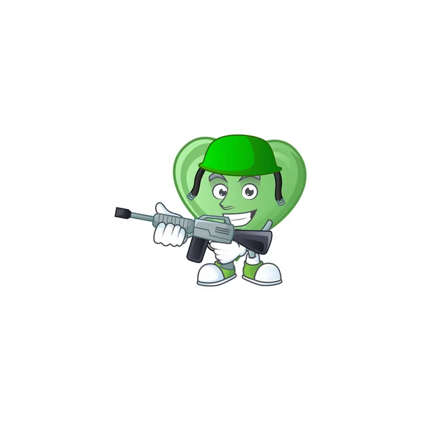 Personaje de cartón de amor verde en un uniforme del ejército con ametralladora — Vector de stock