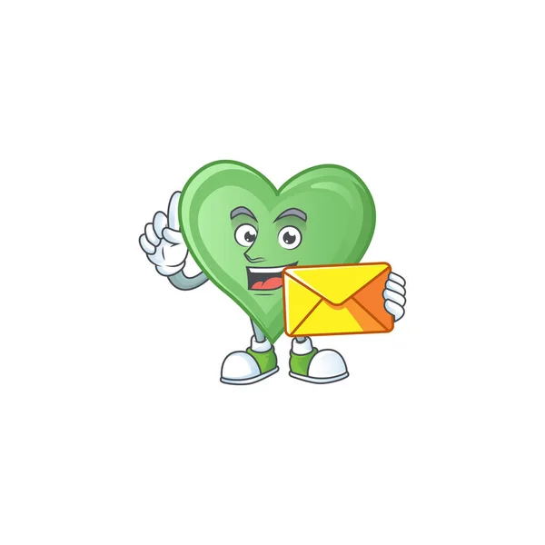 Design de mascote de amor alegremente verde com envelope — Vetor de Stock