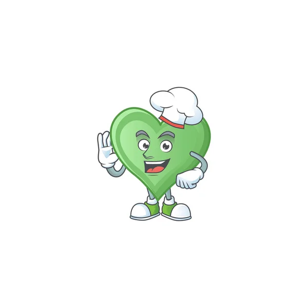 Green love cartoon character wearing costume of chef and white hat — 스톡 벡터