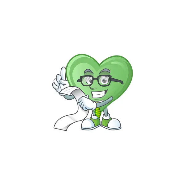 Un divertido personaje de dibujos animados de amor verde con un menú — Vector de stock