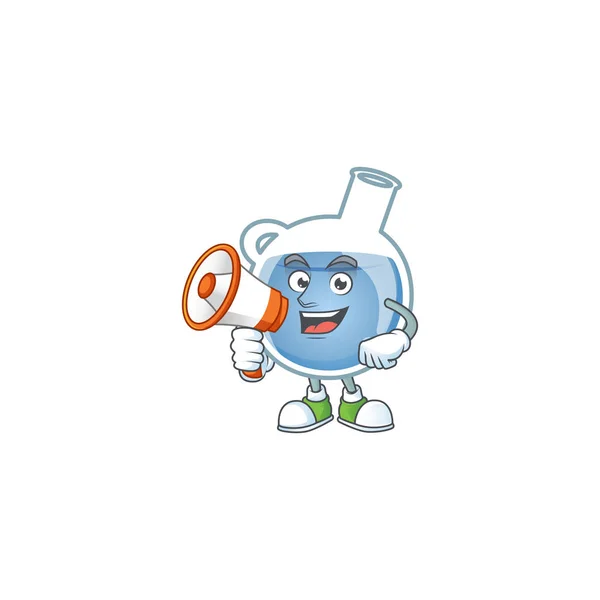 Cool cartoon character of blue potion holding a megaphone — Stock Vector