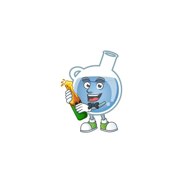 Mascote desenho animado de poção azul com garrafa de cerveja — Vetor de Stock