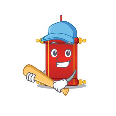 Komik gülümseyen Çinli parşömenler beyzbol oynayan çizgi film maskotu.