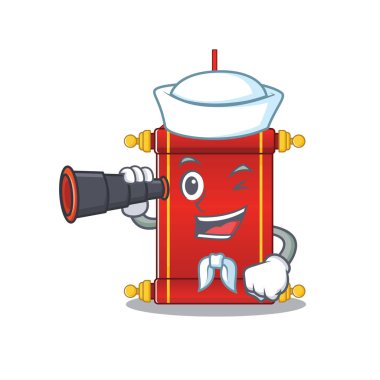 Gülümseyen mutlu denizci dürbün Çin parşömenleriyle çizgi film tasarımı