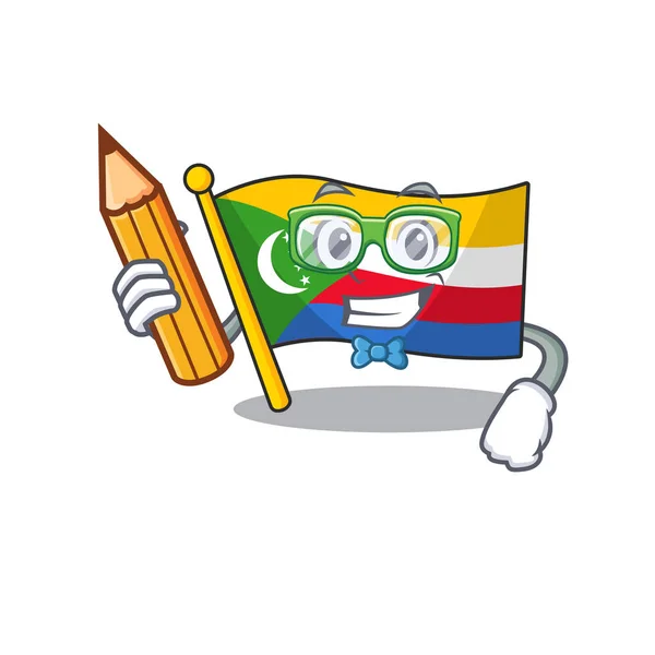Raffreddare intelligente studente bandiera comore personaggio in possesso di matita — Vettoriale Stock