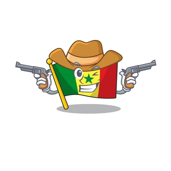 Bandeira Senegal personagem de desenho animado como um Cowboy segurando armas —  Vetores de Stock