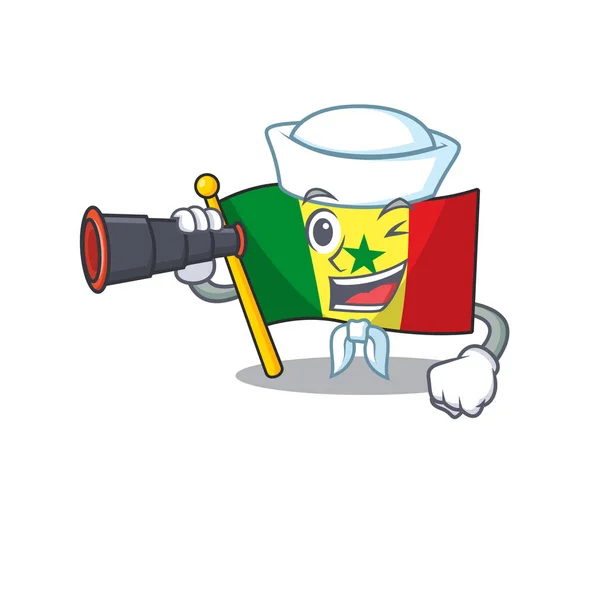 Sorrindo feliz marinheiro com binocular Bandeira Senegal desenho animado —  Vetores de Stock